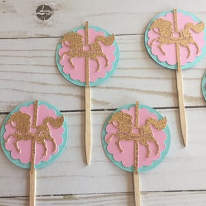 Carousel horse cupcake topper, carousel theme party, carousel first birthday party decorations,
