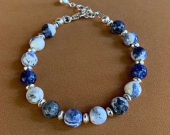 Sodalite Gemstone Bracelet: Sterling Silver Beads, Boho Jewelry