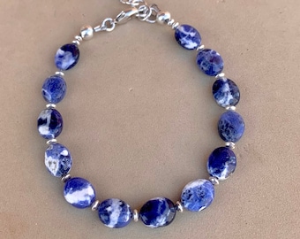 Sodalite Gemstone Bracelet: Sterling Silver Adjustable Beaded Bracelet