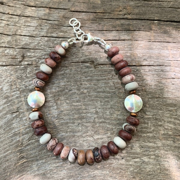 Crazy Horse Stone Rondelle Bracelet, Earth Tone Jewelry, Sterling and Hill Tribe Fine Silver Bracelet, Mens Bracelet