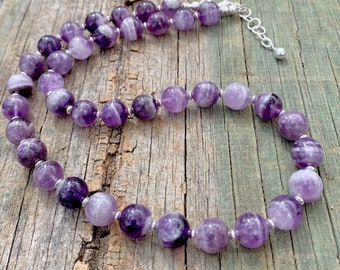 Banded Amethyst Necklace: Sterling Silver, Botswana Agate Beads