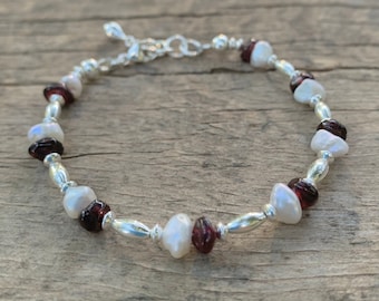 Garnet & Keshi Pearl Bracelet: Dainty Sterling Silver Gemstone Jewelry