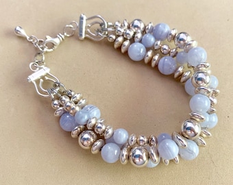 Blue Lace Agate Bracelet, Sterling Silver Bracelet, Gemstone Bracelet, Multistrand, Adjustable Bracelet