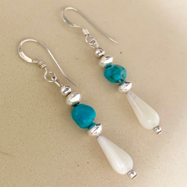 Turquoise Earrings, Mother of Pearl Earrings, Sterling Silver Earrings