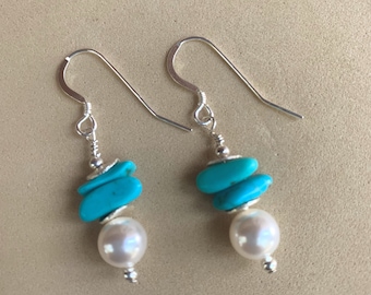 Turquoise and Crystal Pearl Earrings, Crystal Pearl Earrings, Turquoise Earrings, Sterling Silver Earrings