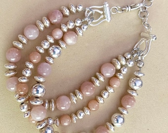 Pink Moonstone Bracelet: Sterling Silver Multistrand Gemstone Jewelry