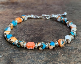 Kingman Turquoise Bracelet, Spiny Oyster Shell, Sterling Silver, Unisex Southwestern Bracelet