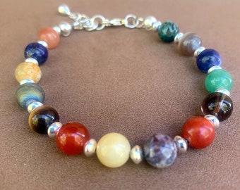 Multi-Gemstone Bracelet: Sterling Silver, Fall Colors, 8mm Beads