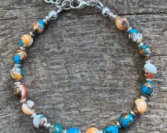 Kingman Turquoise Bracelet, Spiny Oyster Shell, Sterling Silver, Women’s Southwestern Style