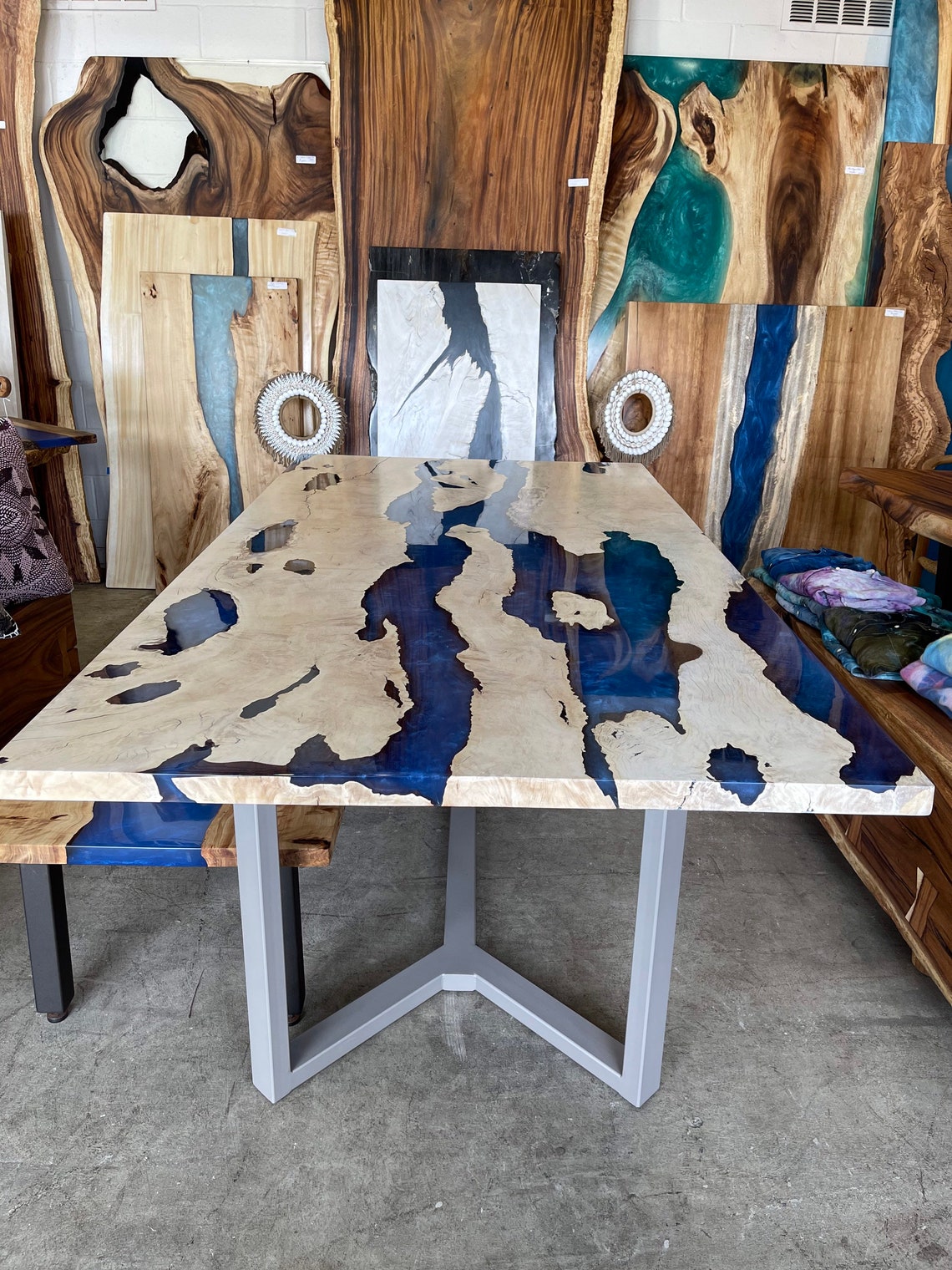 Bleached Lychee Dining Table White Wood Blue Resin River Etsy
