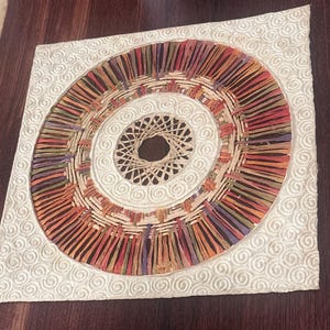 May include: A square, handmade wall hanging with a circular woven design. The center features a woven pattern, surrounded by concentric rings of colorful, vertical strips. The outer border is white with a repeating swirl pattern.