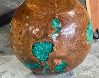 Round Teak Stool or Ottoman, Blue Green Resin Faceted Accent Seat