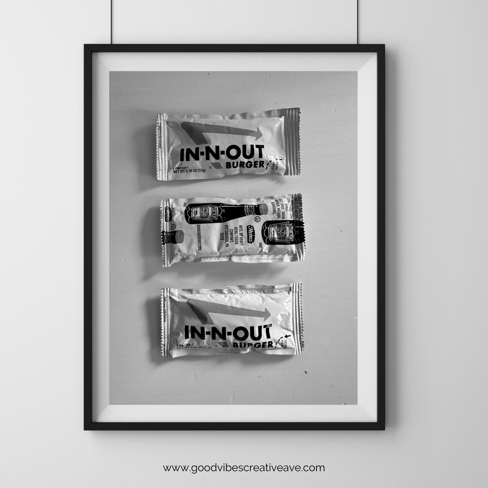 Modern In-N-Out Ketchup Packet Wall Art - Minimalist Black and White Digital Print