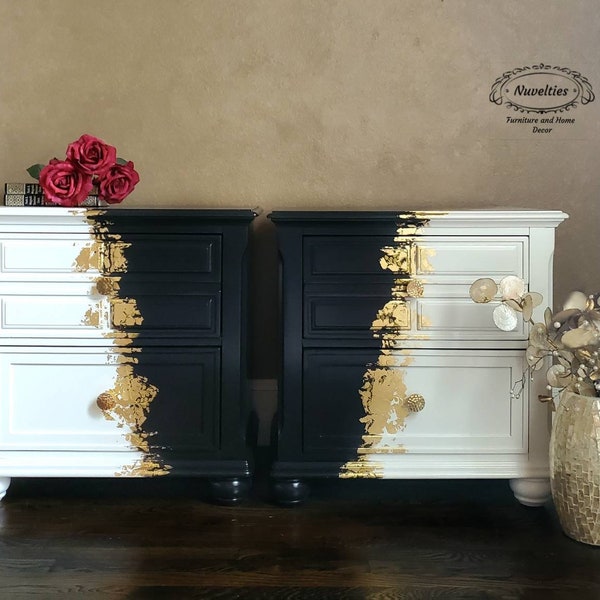 This itemis SOLD, Black and white painted nightstands with gold leaf design, contemporary nightstands, luxury bedroom furniture