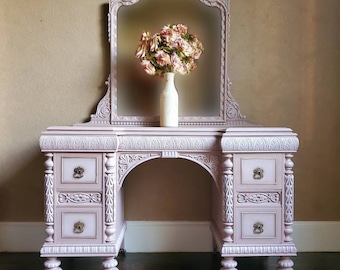 Please do not purchase, this vanity is SOLD, blush pink vintage vanity with mirror