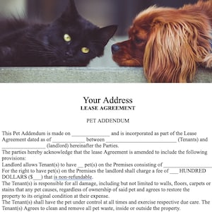 Pet Addendum for Residential Lease Agreement, Editable Pet Addendum Printable, no stress Rental Pet Form, Landlord Forms Rental Pet Contract