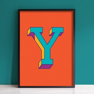 Impresión de letra Y / Impresión de letras coloridas / Alfabeto Y Arte de pared / Impresión de letras iniciales / A4, A3 Impresión de arte / Enmarcado / Sin marco / Naranja Teal