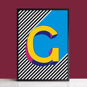 Letra G Impressão | Impressão de letras coloridas | Arte inicial da parede | Impressão de letras do alfabeto | Impressão artística A4, A3 | Emoldurado | Sem moldura | Arte Azul Amarelo