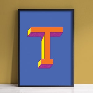Impresión de letras T / Impresión de letras coloridas / Arte de pared T inicial / Impresión de letras del alfabeto / A4, A3 Impresión de arte / Enmarcado / Sin marco / Azul naranja