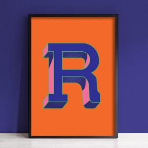 Impresión de letra R / Impresión de letras coloridas / Arte de pared inicial R / Impresión de letras del alfabeto / A4, A3 Impresión de arte / Enmarcado / Sin marco / Azul naranja