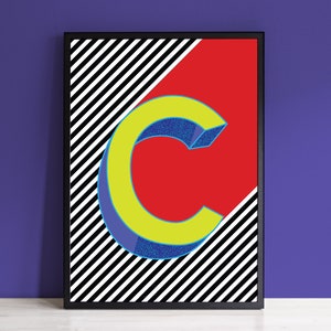 Impresión de letra C / Impresión de arte de letra inicial en negrita colorida / Impresión de letras del alfabeto / A4, A3, A2 A1 Impresión de arte / Enmarcado / Sin marco / Amarillo rojo