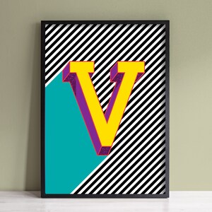 Impresión de letra V / Impresión de letras coloridas / Arte de pared inicial V / Impresión de letras del alfabeto / A4, A3 Impresión de arte / Enmarcado / Sin marco / Teal amarillo