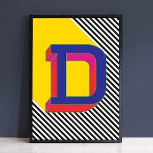 Letra D Impressão | Impressão corajoso colorido da arte da letra inicial | Impressão de letras do alfabeto | Impressão artística A4, A3, A2 | Emoldurado | Sem moldura | Azul amarelo