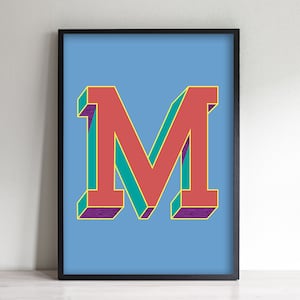 Letra M Impressão | Impressão de letras coloridas | Arte de parede inicial M | Impressão de letras do alfabeto | Impressão artística A4, A3 | Emoldurado | Sem moldura | Laranja Azul