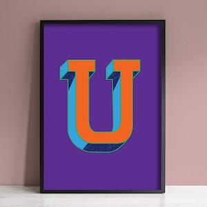 Impresión de letra U / Impresión de letras coloridas / Arte de pared inicial U / Impresión de letras del alfabeto / A4, A3 Impresión de arte / Enmarcado / Sin marco / Naranja Púrpura