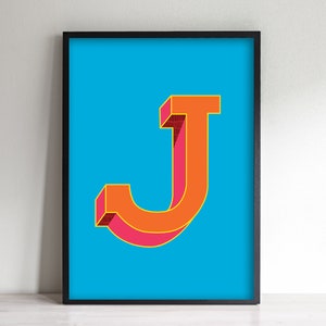 Impresión de letra J / Impresión de letras coloridas / Arte de pared inicial J / Impresión de letras del alfabeto / A4, A3 Impresión de arte / Enmarcado / Sin marco / Azul naranja