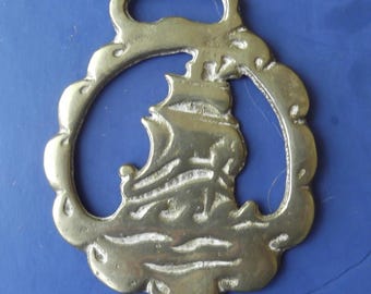 English Brass Horse Harness Medallion - Sailing Ship