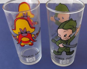 Two 1973 Pepsi Looney Tunes Character Collector Glasses - Elmer Fudd/Yosemite Sam