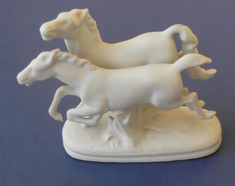 Small Antique White Bisque Figurine of 2 Galloping Horses - Germany