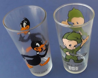 Two 1973 Pepsi Looney Tunes Character Collector Glasses - Elmer Fudd/Daffy Duck