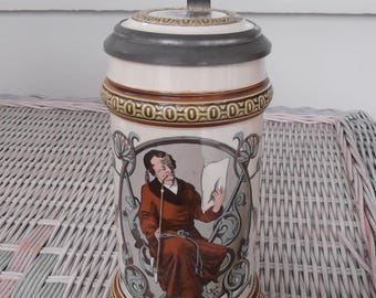 1887 Mettlach 1530/582 Lidded Stein with Inlaid Lid - "Smoking Bourgeois"