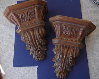 Pair of Heavy 14" Decorative Crafts Inc. Wood Acanthus Leaf Wall Shelves/Sconces