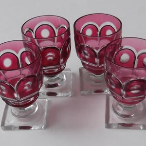 Set of Four Matching Older Val St Lambert Red Cut to Clear Small Footed Cordial Glasses