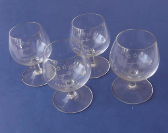 Set of Four Small Etched Hennessy Cognac Logo Glasses/Footed Snifters