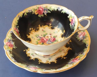 Paragon "Minuet Black" Cup and Saucer - Queen & Queen Mary Mark