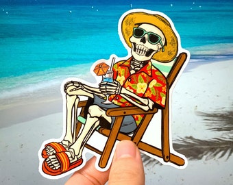 halloween grandpa - funky beach vacation skeleton 4x4" glossy vinyl sticker