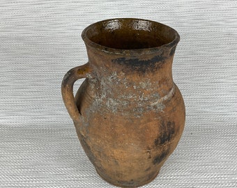 Antique 30s Clay Vessel Ukrainian Stoneware Pottery Folk Large Pitcher Old Vase Farmhouse Primitive Decor