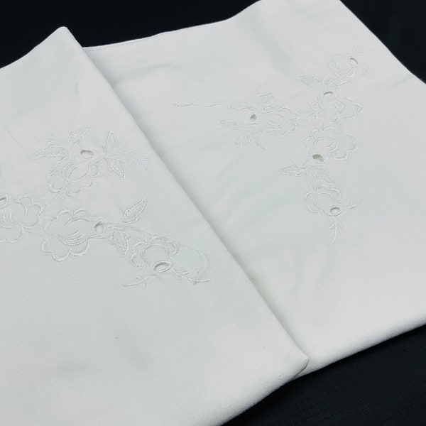 Pair of French Pillowcases Flowers Embroidered White Cotton Pillowcase Vintage Country Style