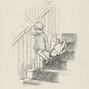 Bump bump bump coming downstairs - Christopher Robin and Winnie the Pooh classic vintage style poster print #20