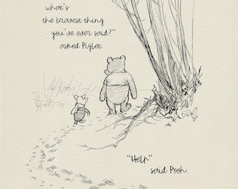 Lámina de Winnie the Pooh con cita: Decoración de pared. Obra de arte clásica vintage.