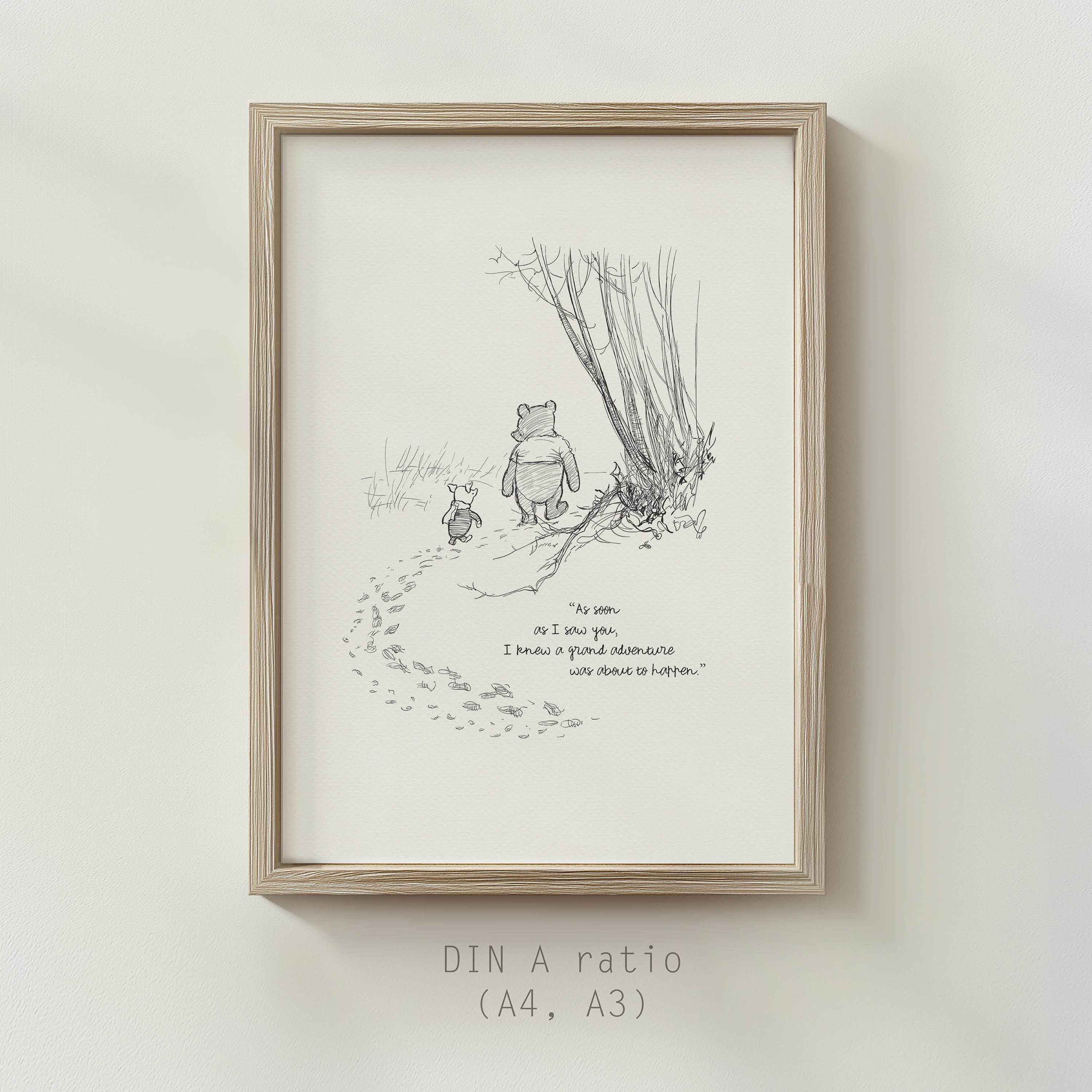 Lámina de Winnie the Pooh con cita: Arte infantil clásico en blanco y ...