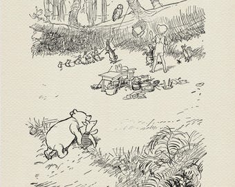 May include: A black and white illustration depicting a scene from a children's story. A bear and a pig are in the foreground, with other characters gathered around a table in the background. The artwork is detailed and whimsical.