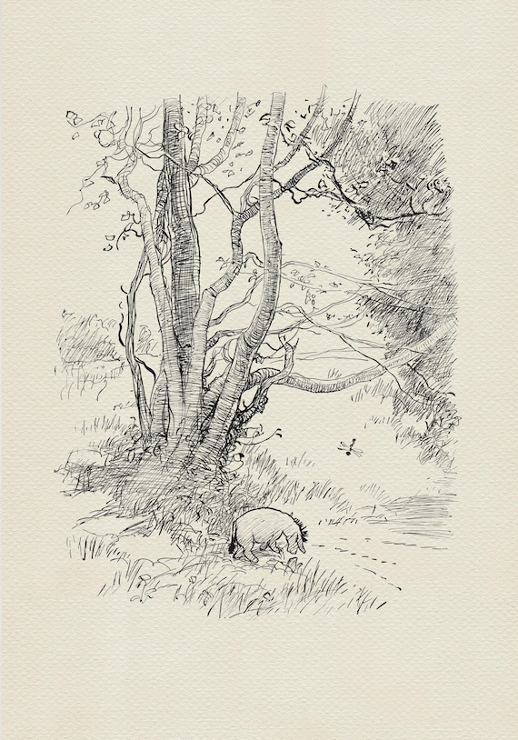 くまのプーさんと橋の鉛筆画 木製フレーム付き くまのプーさんと