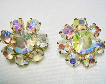 Vintage Golder Aurora Borealis Crystal Earrings Clip on