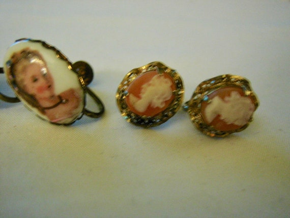 Antique Vintage 3 Pair of Cameo Earrings - image 3