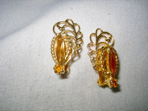 Vintage Topaz Rhinestone Fancy Leaf Earrings Clio… - image 4